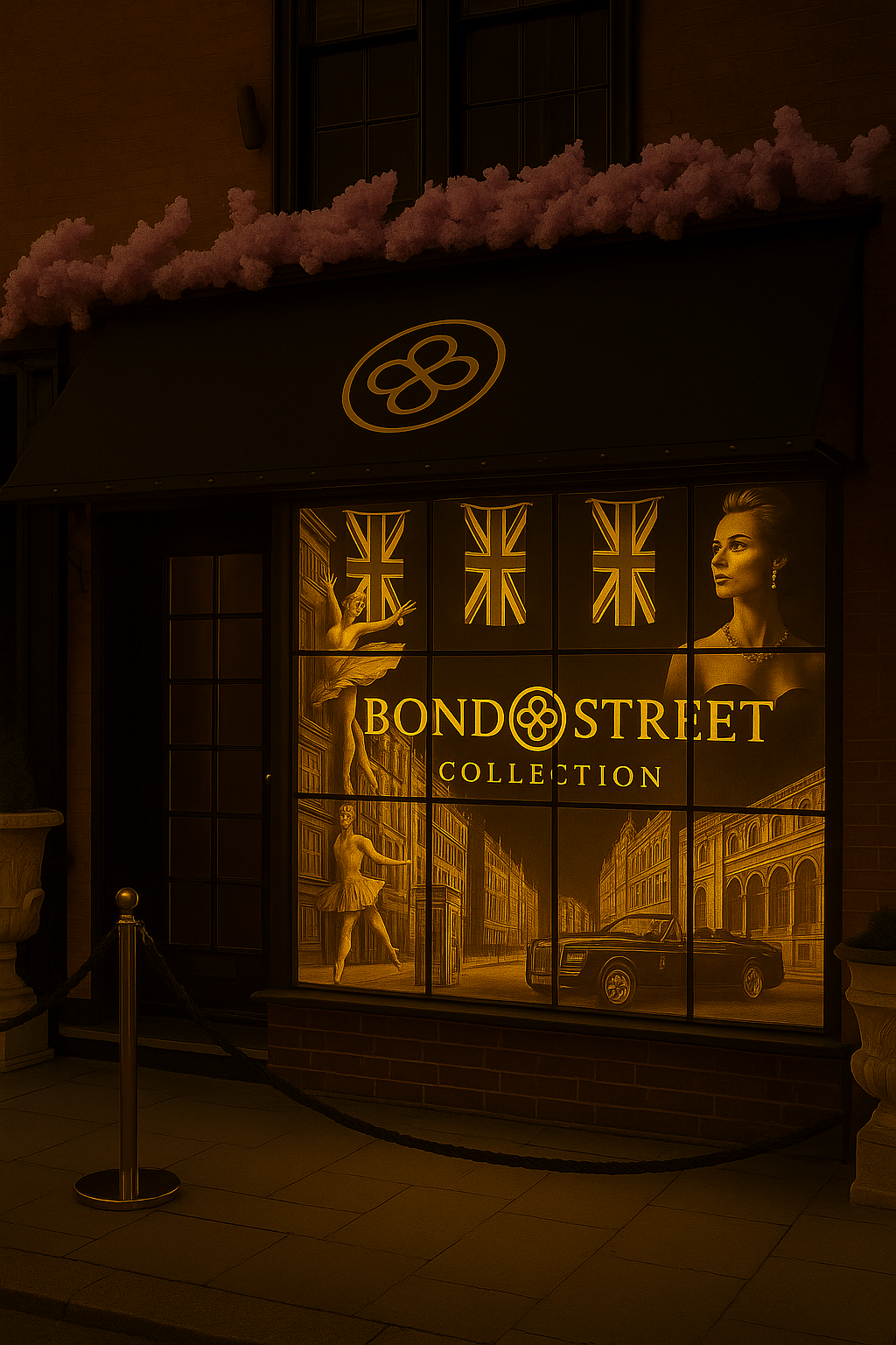 Decorative display with 'Bond Street Collection' branding featuring Union Jacks and images of people and buildings.